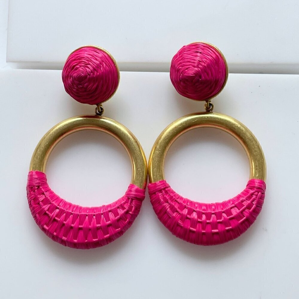 J. Crew Faux Pink Raffia Wrapped Gold Tone Hoop Dangle Statement Earrings 2.5"